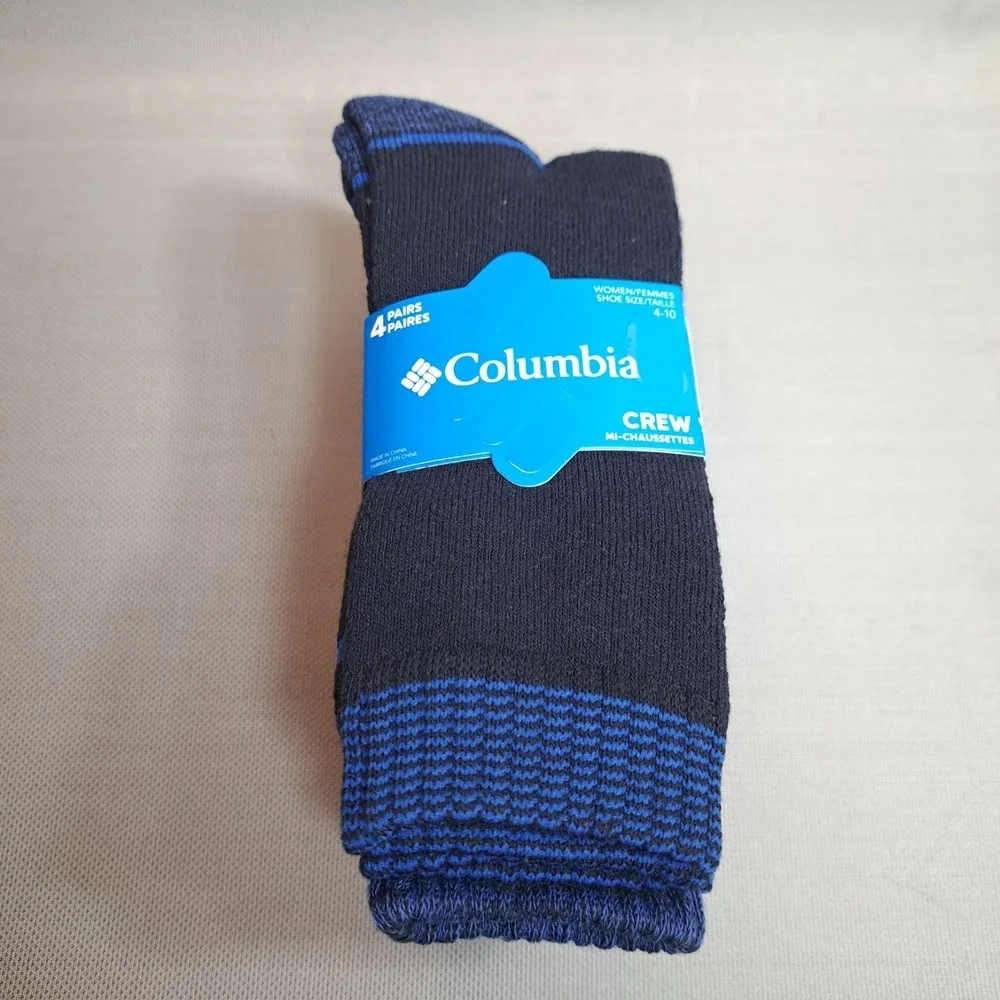 COLUMBIA 4‎ Pairs Women's Crew Socks Blue Reinforced Heel & Toe Shoe Size 4-10